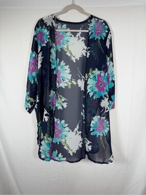 Andrade Floral Navy Sheer Swim Coverup -‎ Turquoise & Purple